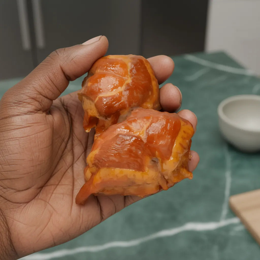 Croupion de dinde fumée - Saveur et fraîcheur optimale, deux morceaux tenus en main, texture tendre et fumée, volaille surgelée de qualité.